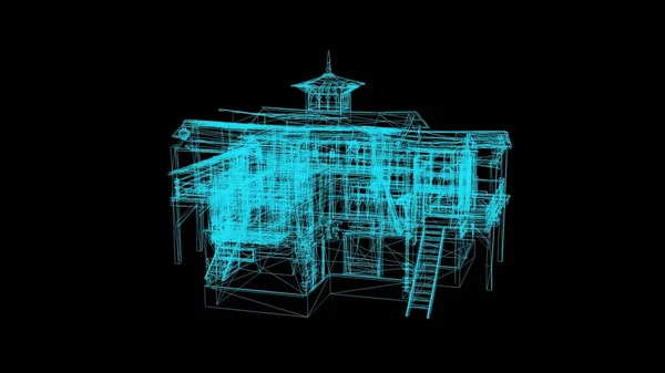 Ilustracja Wireframe Model Średniowiecznego Domu Czarnym Tle — Zdjęcie stockowe