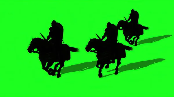 Illüstrasyon Yeşil Ekranda Ortaçağ Şövalyelerinin Silüetleri Kılıçlarla Kalkanlarla Sürüşleri — Stok fotoğraf