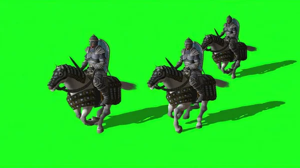 Illustrazione Cavalieri Medievali Cavalcano Cavalli Con Spade Scudi Sullo Schermo — Foto Stock