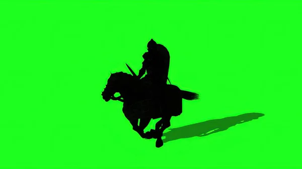 3Dイラスト 剣と盾を持つ中世騎士馬のシルエット 緑の画面上 — ストック写真