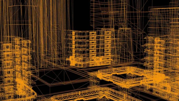 3D图解 城市线框模型 — 图库照片