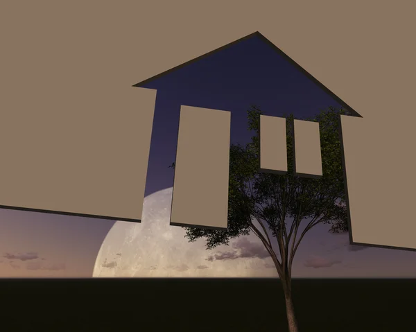 Traumhaus, mit einer Landschaft aus Bäumen, Gras und Wolken im Hintergrund — Stockfoto