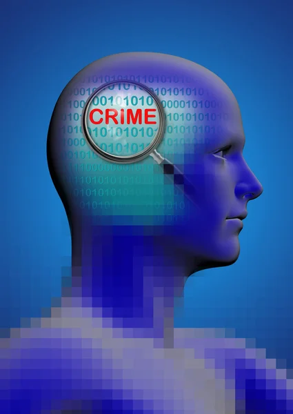 Profile of a man with close up of magnifying glass on crime — Stock Photo, Image