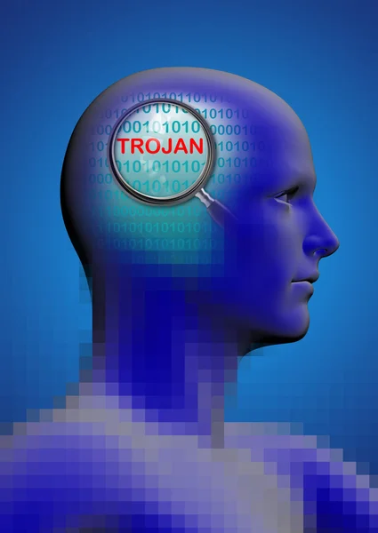 Profile of a man with close up of magnifying glass on trojan — Stock Photo, Image