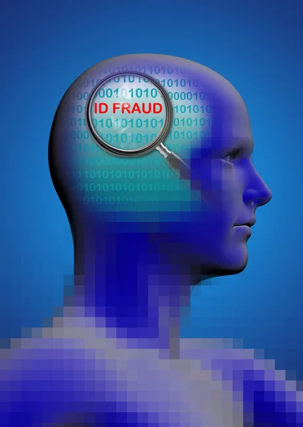 Perfil de un hombre con un primer plano de lupa en el fraude de ID — Foto de Stock
