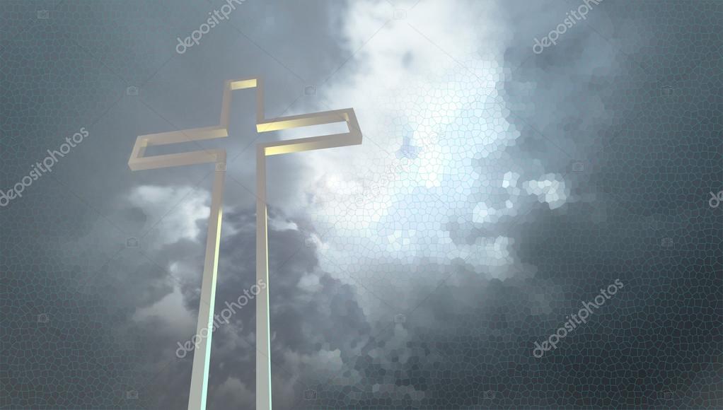 White christian cross on cloudy sky made in 2d software