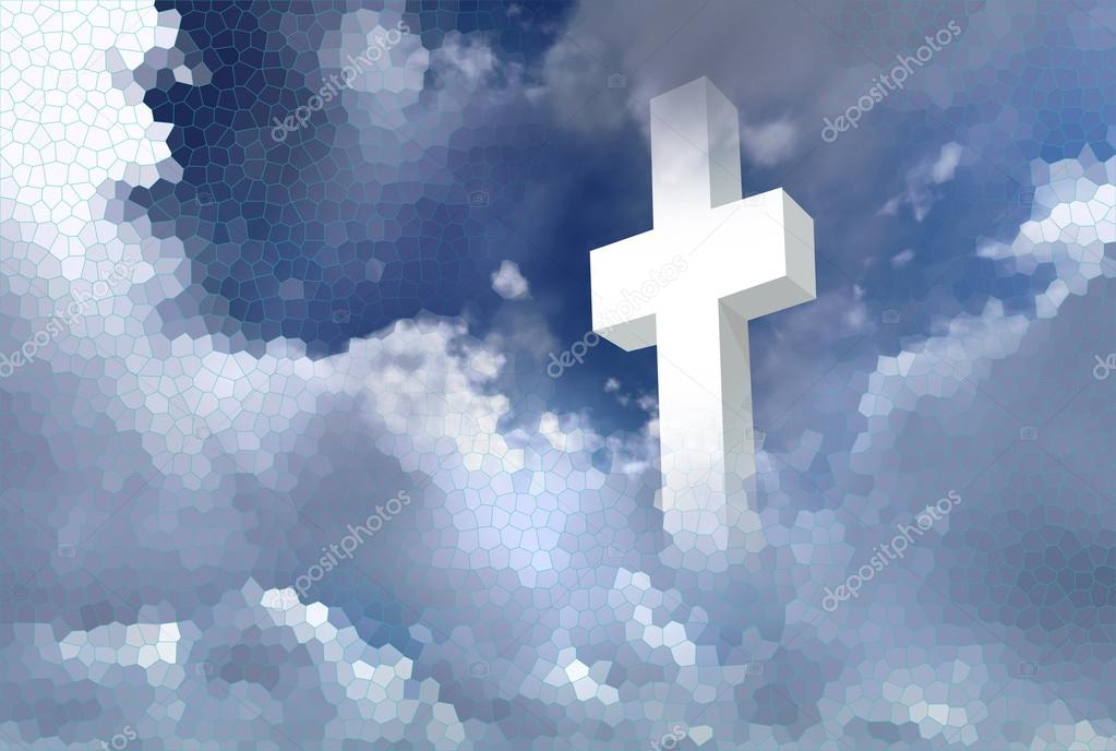 White christian cross on cloudy sky made in 2d software