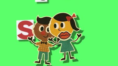 Bir erkek ve bir kızın animasyon karakterleri parlak yeşil bir ekranda harf değiştirerek 'ÖĞRENCİ' kelimesini heceliyor. Eğitimsel içerik, çocuk programlama veya öğrenim kavramları için ideal.