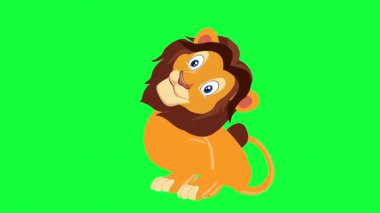 Kahverengi yeleli, dost canlısı çizgi film aslanı meraklı, mutlu bir ifadeyle oturur ve etrafına bakar. Bu büyüleyici karakter yeşil ekranda izole edilmiş, yaratıcı projelere hazır..