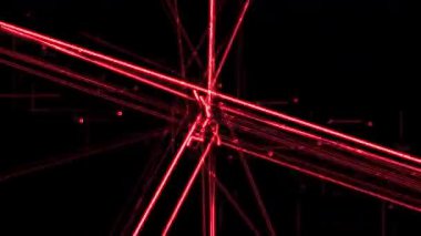 Kırmızı gül yaprakları zarif bir şekilde yüzer ve soyut dijital ızgaralarda çizgiler ve şekillerle birlikte döner.