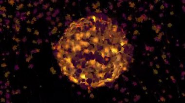 Soyut enerjiden oluşan titreşimli küre siyah arkaplanda düşen yapraklarla çevrili.