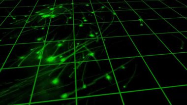 Siyah zemin üzerinde rastgele hareket eden kuyruklu parlak yeşil parçacıklar