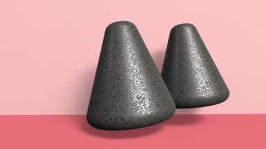 Pembe arka planda yüzen ve hareket eden kaba bir dokusu olan iki soyut metal koni.