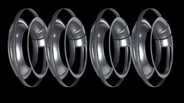 Siyah bir arkaplan üzerinde senkronize dönen dört gelecekçi metalik endüstriyel mekanizma