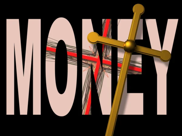 Λέξη χρήματα με Ερυθρό Σταυρό μέσα και χρυσό σταυρό στην κορυφή σε 3d λογισμικό — Φωτογραφία Αρχείου