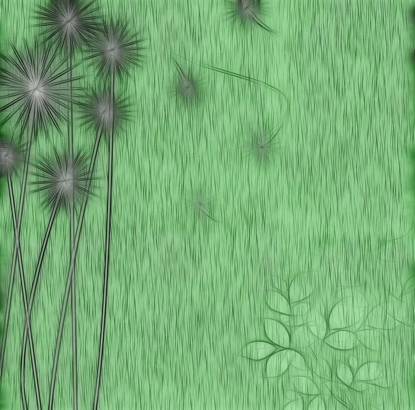 Dark Teal background with white silhouettes of dandelions and floating seeds.