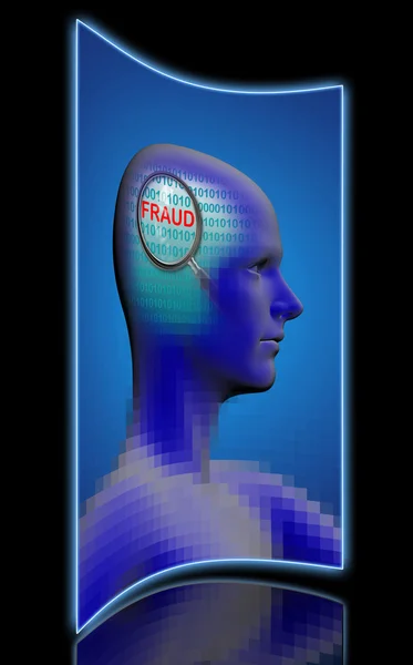 Profile of a man with close up of magnifying glass on fraud — Stock Photo, Image