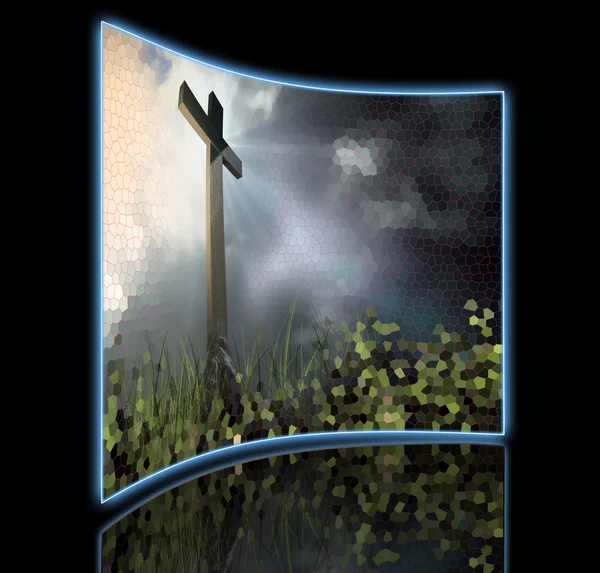 Деревянный крест с лучами, сделанными в 3D программное обеспечение — стоковое фото