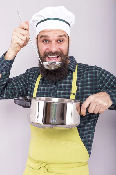 Studio Shot Happy Chef Tasting Soup Ladle Gray Background — Stock Photo, Image