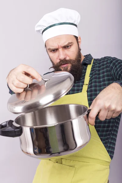 Bearded Young Chef Looking Pot Expression Disgust Gray — Stock Photo, Image