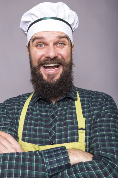 Studio Shot Funny Bearded Man Cook Hat Holding Arms Crossed — Stock Photo, Image