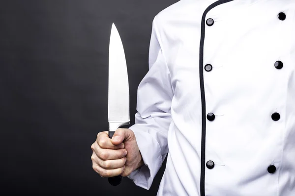 Closeup Chef Holding Big Sharp Knife Gray Background — Stock Photo, Image