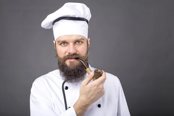 Nahaufnahme Porträt Eines Bärtigen Kochs Der Vor Grauem Hintergrund Eine — Stockfoto