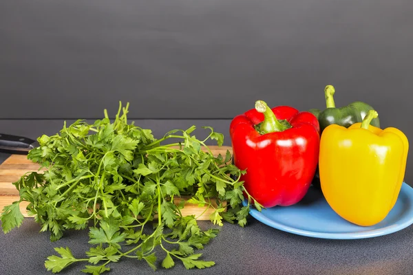 Closeup Fresh Vegetables Peppers Parsley Table Gray Background — Stock Photo, Image