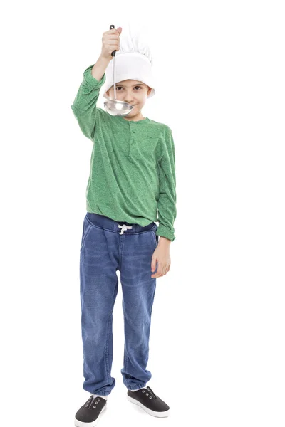 Portrait Cute Little Boy Cook Hat Holding Ladle White Background — Stock Photo, Image