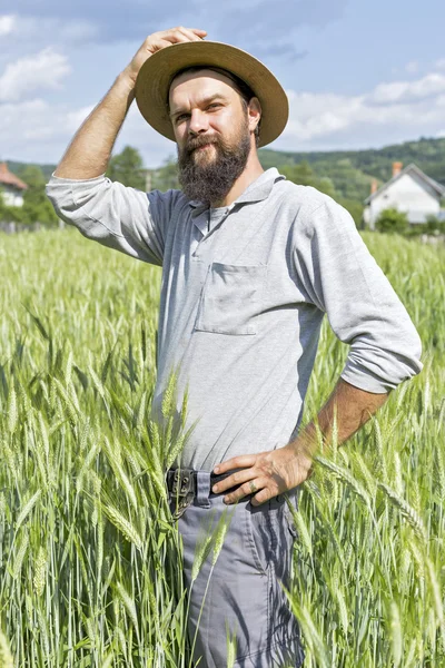 Young Farmer Hat Standing Wheat Field — Stock Photo, Image