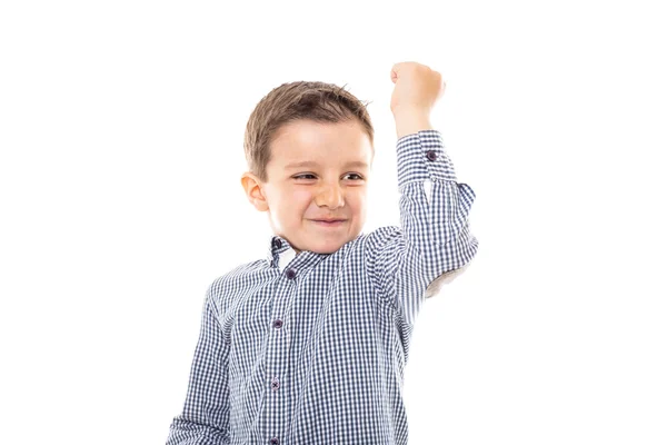 Portrait Cute Little Boy Showing His Biceps Muscle White — Stock Photo, Image