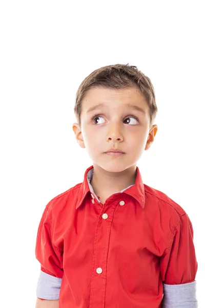 Porträtt Bedårande Liten Pojke Med Undrar Uttryck Isolerad Vit Bakgrund — Stockfoto