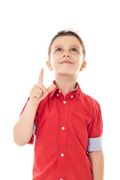 Retrato Niño Feliz Apuntando Hacia Arriba Sobre Fondo Blanco — Foto de Stock