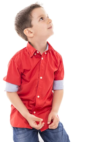 Ritratto Adorabile Ragazzino Che Alza Sguardo Isolato Sfondo Bianco — Foto Stock