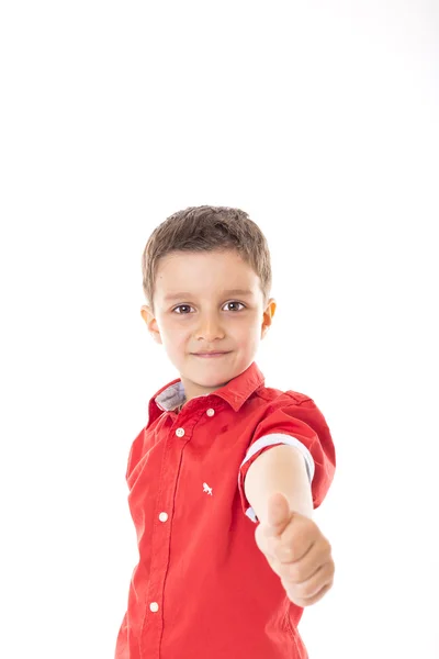 Retrato Niño Confiado Mostrando Pulgar Hacia Arriba Aislado Blanco —  Fotos de Stock