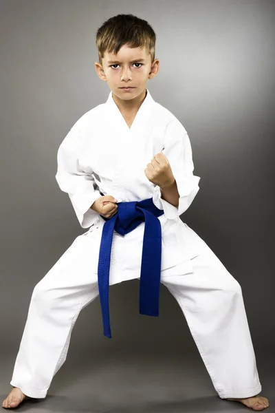 Retrato de un niño de karate en kimono listo para luchar — Foto de Stock