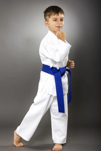 Retrato de un niño de karate en kimono listo para luchar — Foto de Stock