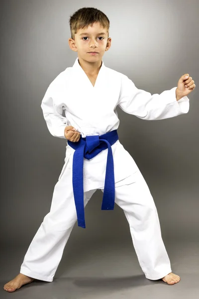 Retrato de un niño de karate en kimono listo para luchar — Foto de Stock