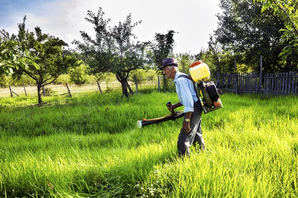 Senior-Landwirt besprüht den Obstgarten — Stockfoto