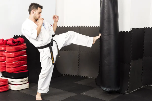 Спортивний боєць карате дає потужний удар ногами до важкого b — стокове фото