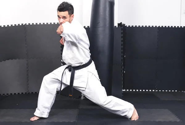 Retrato de cuerpo entero del joven en kimono training ashihara ma — Foto de Stock