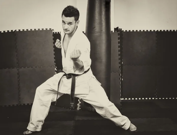 Retrato completo de hombre joven en kimono entrenamiento quilate — Foto de Stock