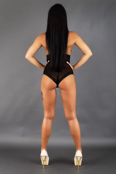 Vista Trasera Sensual Mujer Morena Lencería Negra Sexy Tacones Altos — Foto de Stock