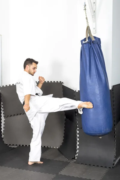 Athletischer Karate-Kämpfer, der einem schweren B einen kräftigen Fußtritt versetzt Stockbild