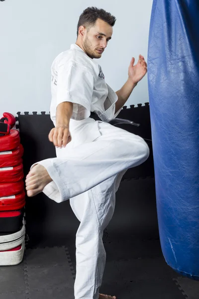 Athletischer schwarzer Gürtel Karate, der einem Boxi einen kräftigen Kniestoß gibt Stockbild