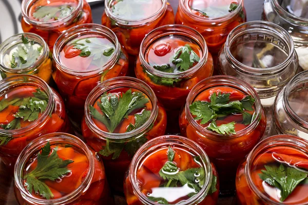 Pickled red sweet peppers in a glass jar — Stock Image Pickled red sweet peppers in a glass jar Stock Picture