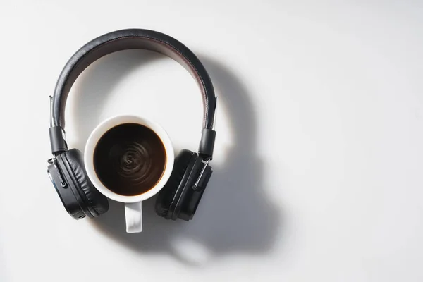 Headphones Coffee Cup White Background Music Concept Top View Copy — Stock Photo, Image