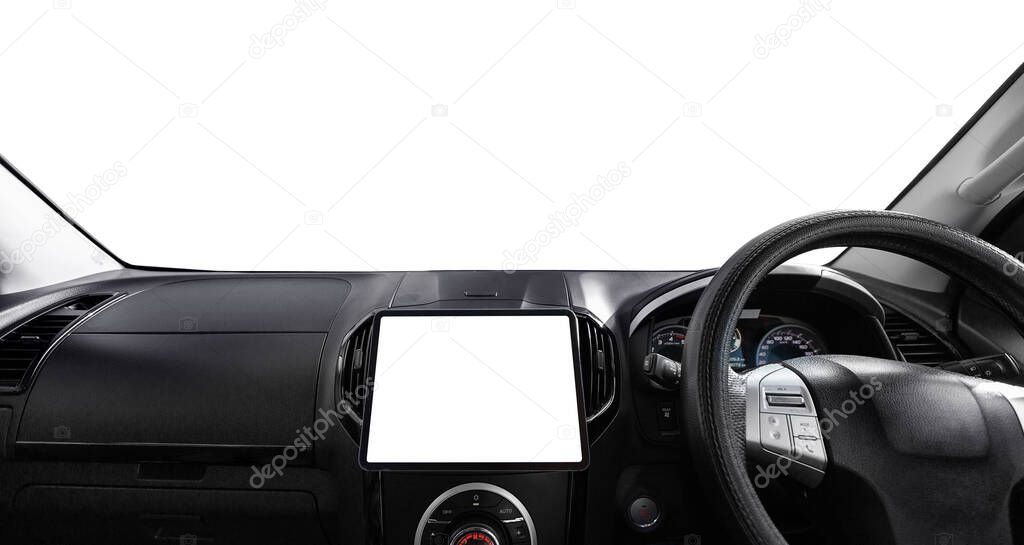 Isolated display of multimedia and GPS system on automobile dashboard console. Mockup for road direction or notification.Large size navigation device in modern car interior design.