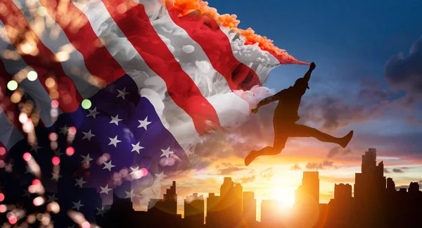 Silhouette Man Jumping Handle American Flag Beautiful Sunrise Usa Memorial — Stock Photo, Image