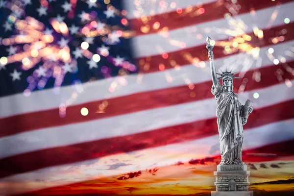 Statue Liberty Background Flag Usa Firework — Stock Photo, Image